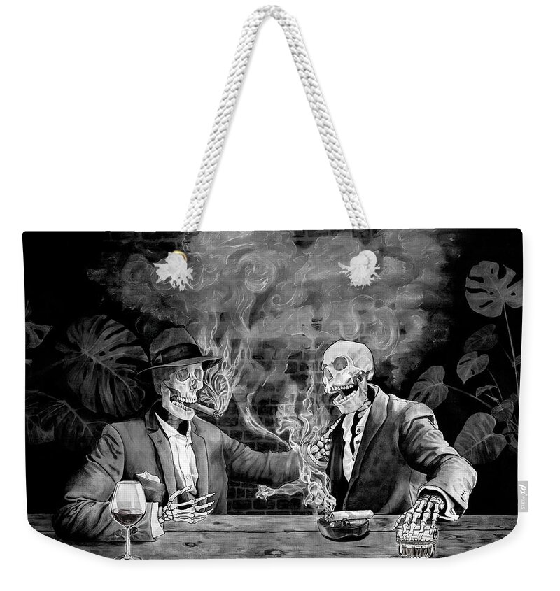 Skull. Skeleton Weekender Tote Bag featuring the painting Remember When - black and white by Tiffany DiGiacomo