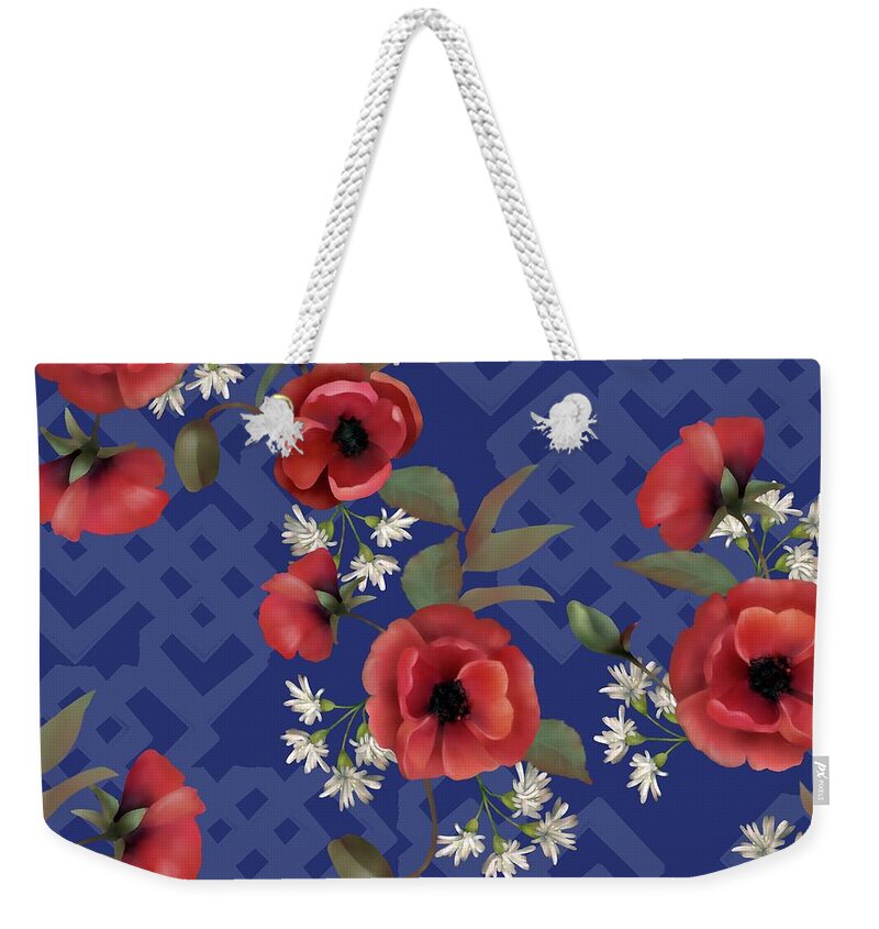 Poppies Weekender Tote Bag featuring the digital art Remembrance Blue Floral by Sand And Chi