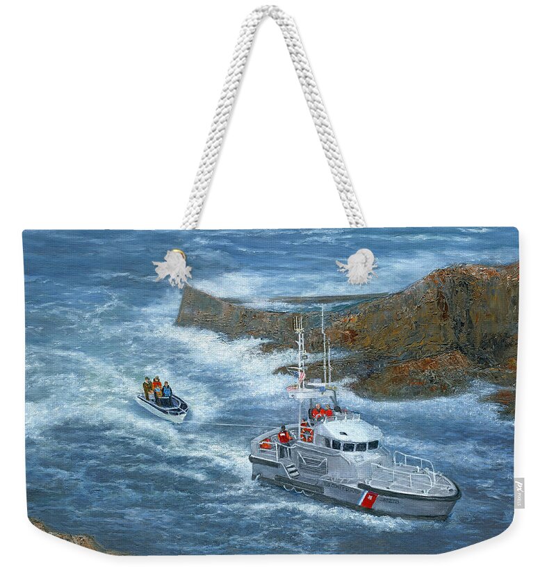 Ocean Weekender Tote Bag featuring the painting Rescue at Depoe Bay by June Hunt