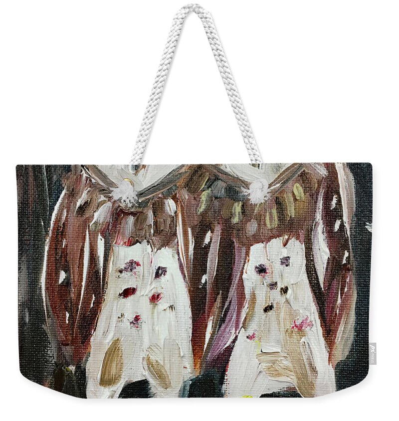 Owls Weekender Tote Bag featuring the painting Resident Gangstas Backyard Barn Owls by Roxy Rich