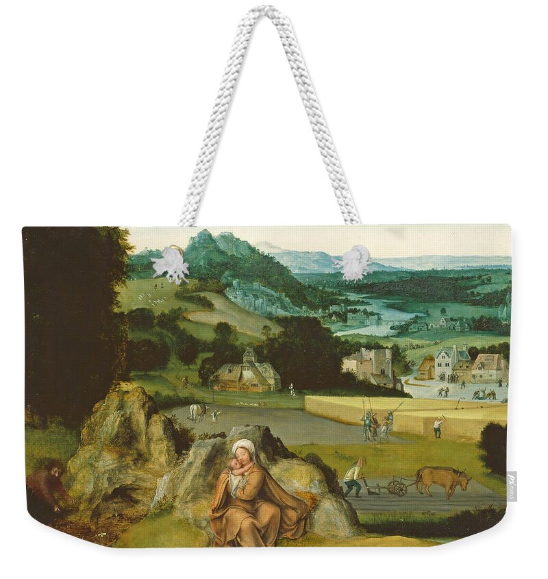 Joachim Patinir Weekender Tote Bag featuring the painting Rest on the Flight into Egypt and the Miraculous Field of Wheat by Joachim Patinir