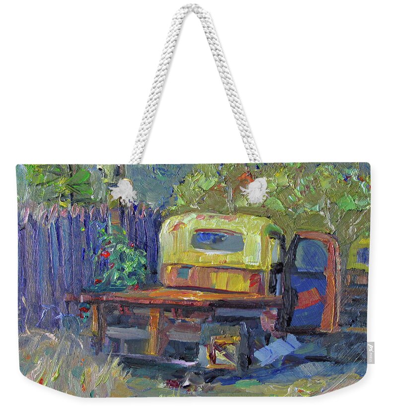 Antique Truck Weekender Tote Bag featuring the painting Retired by John McCormick