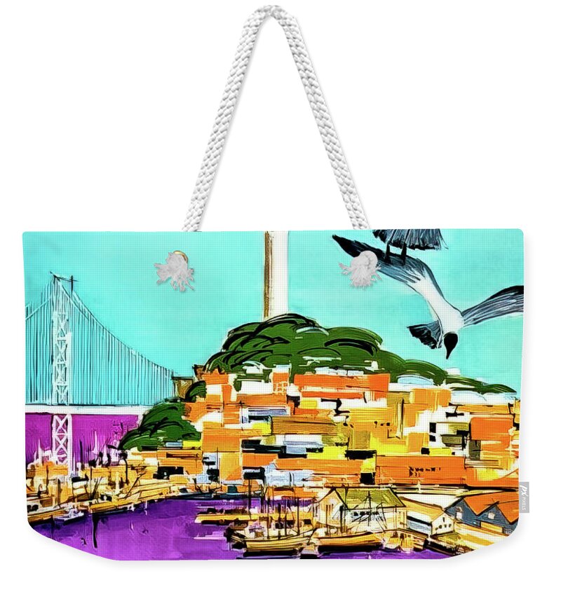 Bay Weekender Tote Bag featuring the drawing Retro San Francisco Travel Poster 1952 by M G Whittingham