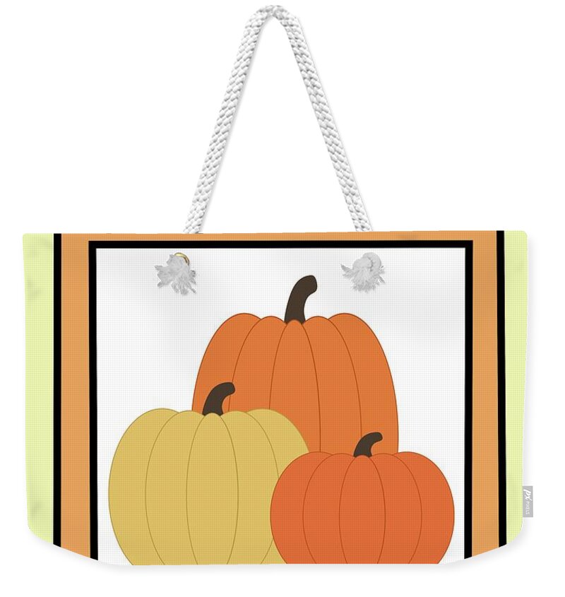Retro Weekender Tote Bag featuring the digital art Retro Seed Packet Pumpkin by Donna Mibus