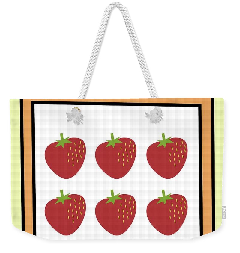 Retro Weekender Tote Bag featuring the digital art Retro Seed Packet Strawberries by Donna Mibus