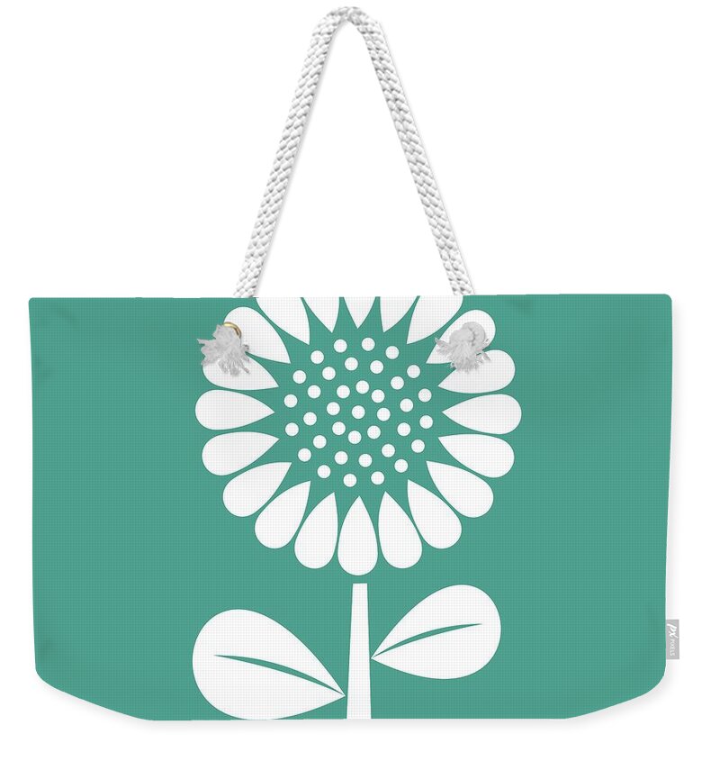 Mid Century Flower Weekender Tote Bag featuring the digital art Retro Single Flower Teal by Donna Mibus