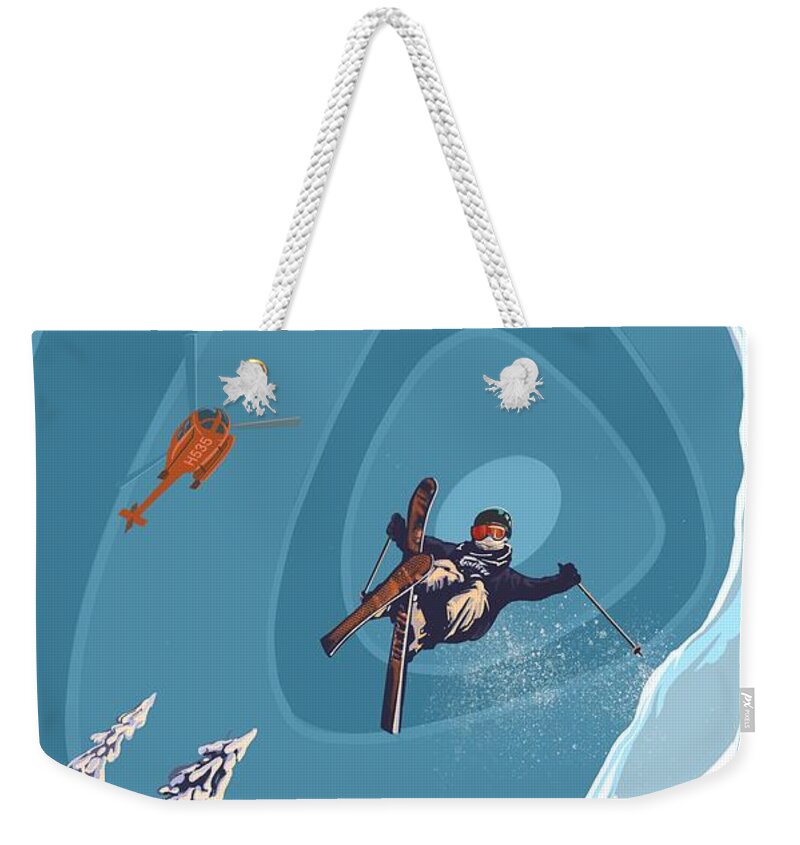 Retro Ski Art Weekender Tote Bag featuring the painting Retro Ski Jumper Heli Ski by Sassan Filsoof