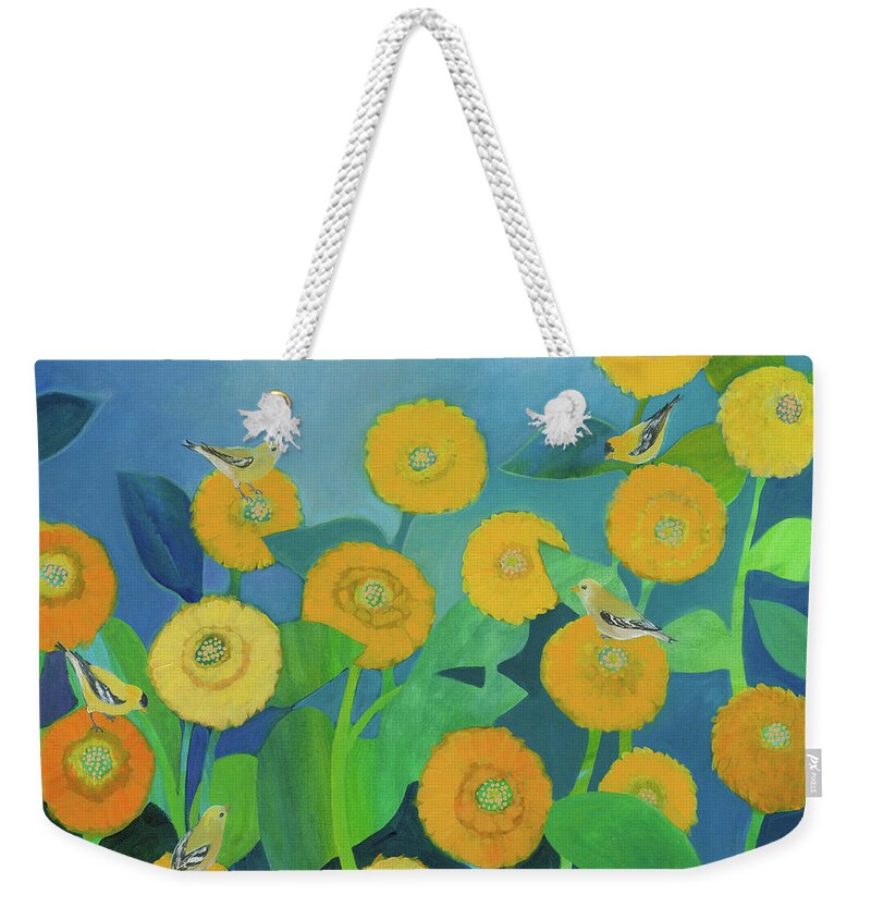 Floral Weekender Tote Bag featuring the painting Return of the Goldfinch by Jennifer Lommers