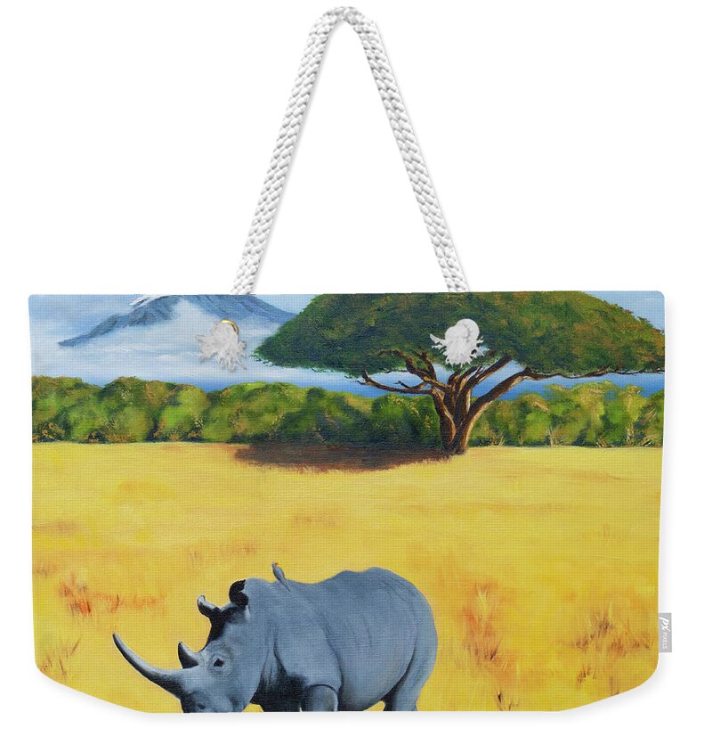 Kilimanjaro Weekender Tote Bag featuring the painting Rhino and Kilimanjaro by Tracy Hutchinson