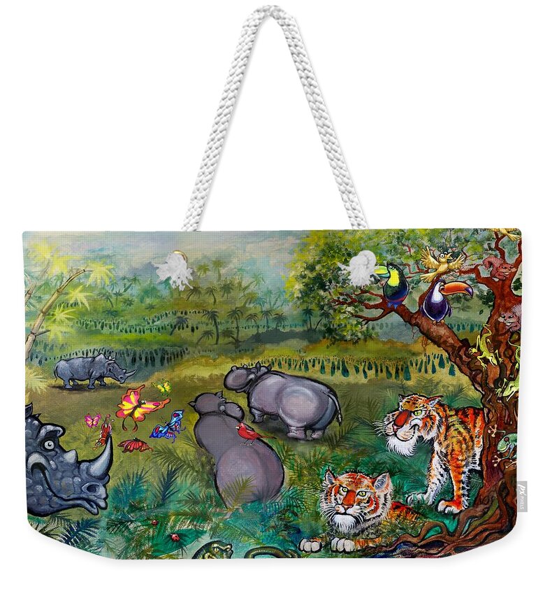 Rhino Weekender Tote Bag featuring the painting Rhinos Hippos Tigers and Snakes by Kevin Middleton