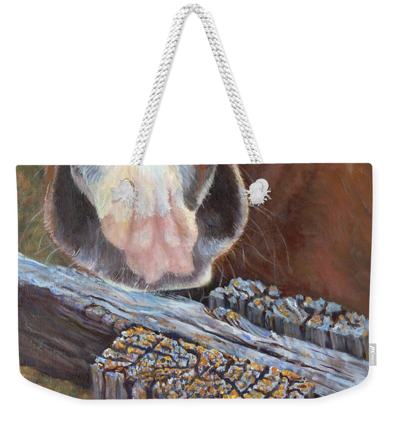 Horse Weekender Tote Bag featuring the painting Rhoda Knows by Page Holland