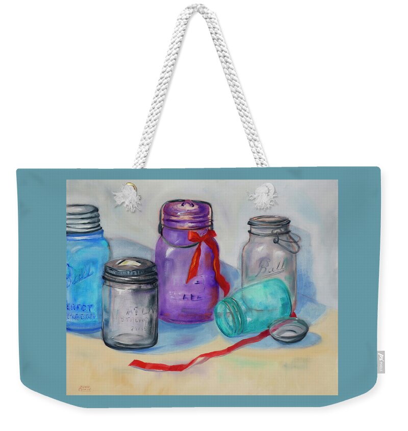 Antique Mason And Ball Glass Jars Weekender Tote Bag featuring the painting Ribbon Jars by Susan Thomas