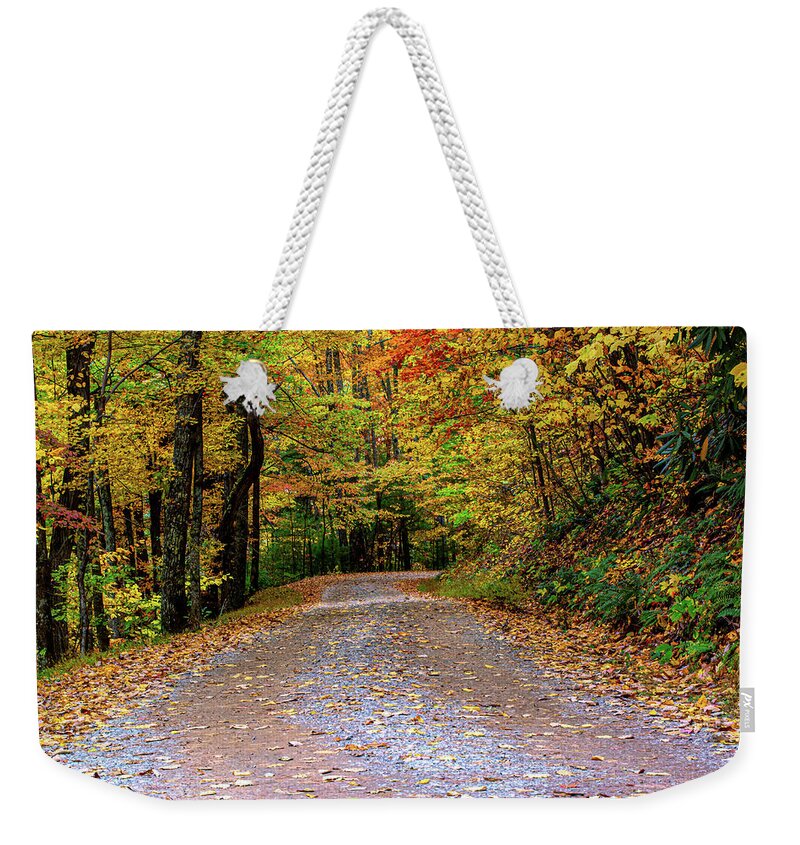 Winding Weekender Tote Bag featuring the photograph Rich Mountain Road Autumn by Douglas Wielfaert