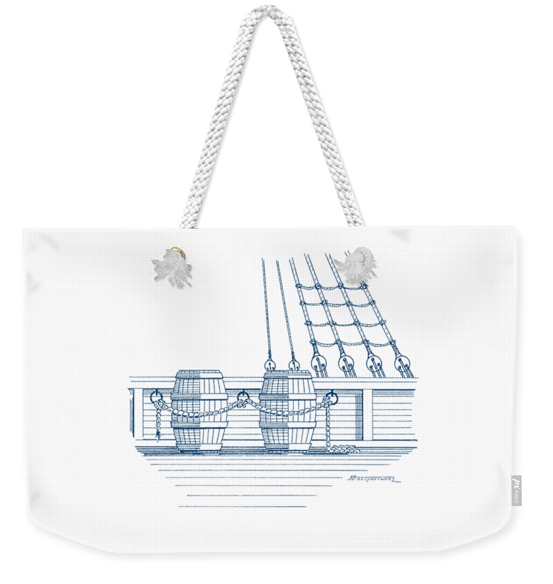 Sailing Vessels Weekender Tote Bag featuring the drawing Rigging lader and water barrels by Panagiotis Mastrantonis