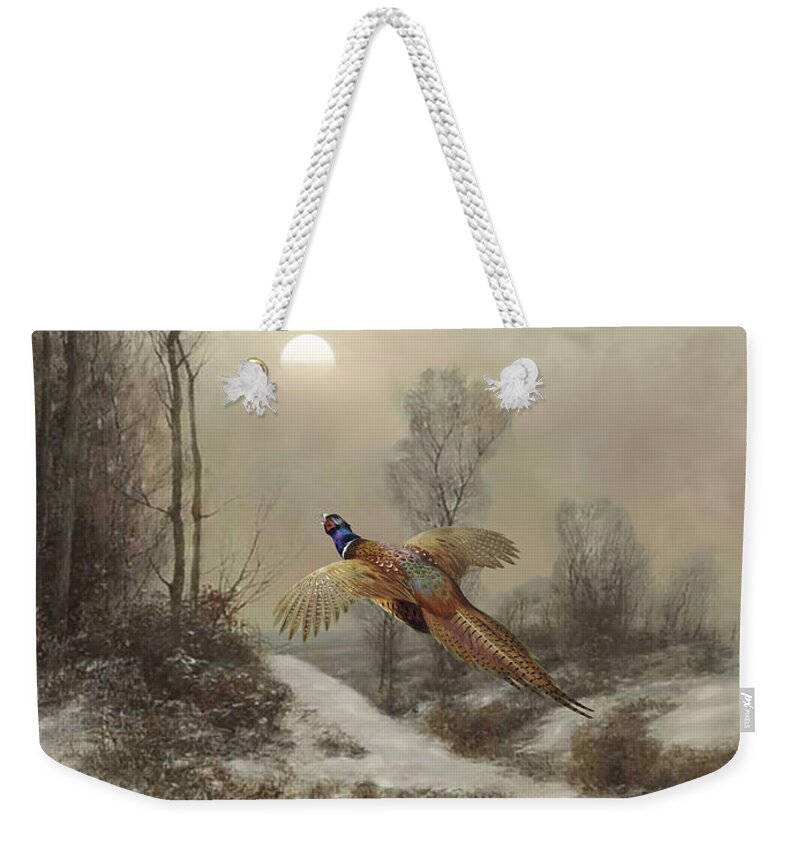 Birds Weekender Tote Bag featuring the digital art Ring-necked Pheasants at Sunset by Spadecaller