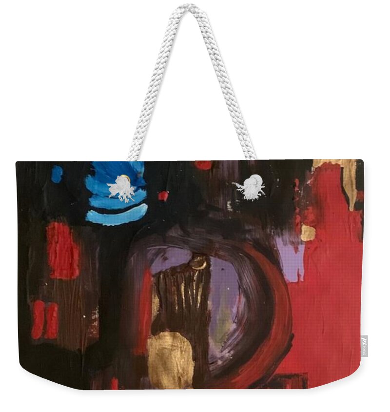 Abstract Weekender Tote Bag featuring the painting Riotous, a mysterious abstract art piece by Denise Morgan