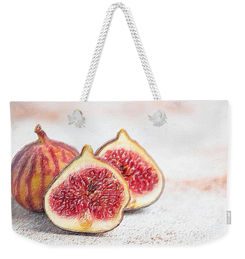 Fig Weekender Tote Bag featuring the painting Ripe Fig Still Life figs fig lover and fig tree grower 2 by Tony Rubino