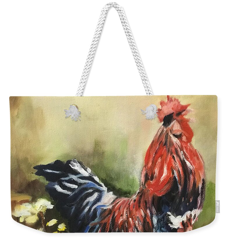 Colorful Rooster Weekender Tote Bag featuring the painting Rise and Shine by Juliette Becker