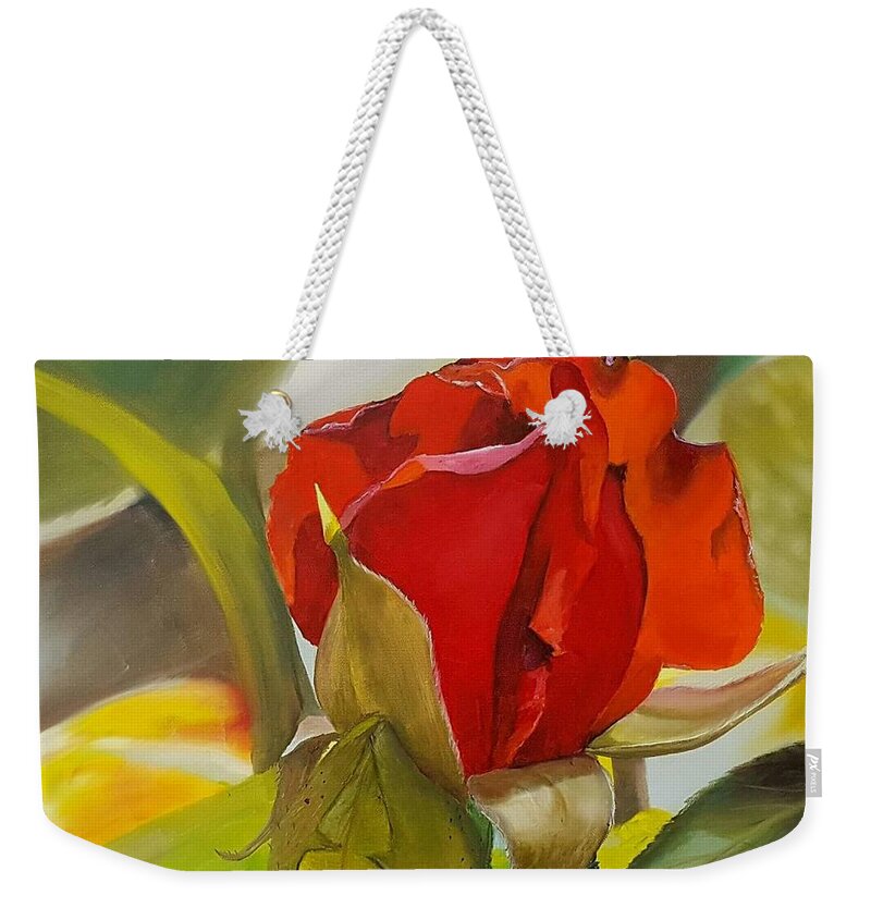 Oil Painting Weekender Tote Bag featuring the painting Rose Bud by Connie Rish