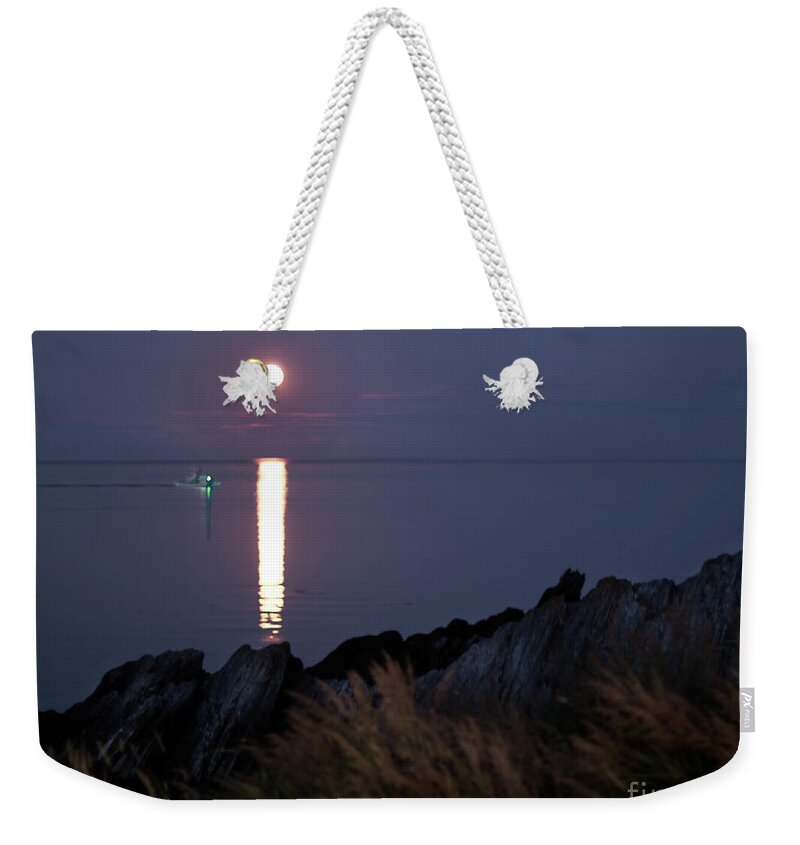 Moon Weekender Tote Bag featuring the photograph Rising Full Moon in Grand Manan by Barbara McMahon