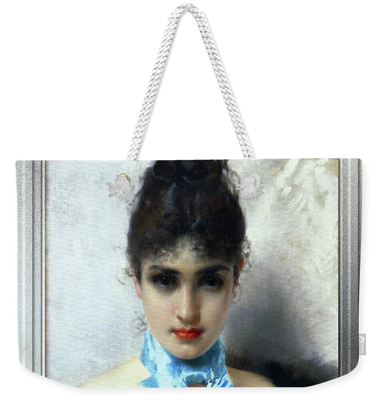 Portrait Of An Elegant Woman Weekender Tote Bag featuring the painting Ritratto Di Donna Elegante by Vittorio Matteo Corcos Classical Art Old Masters Reproduction by Rolando Burbon