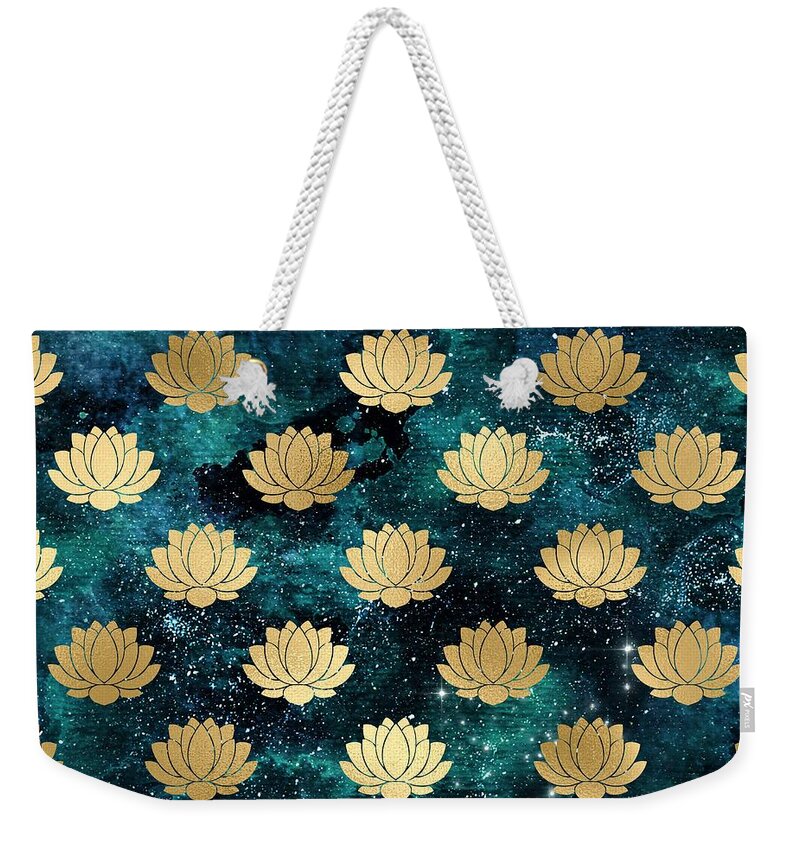 Watercolor Weekender Tote Bag featuring the digital art Rivala - Teal Gold Watercolor Lotus Galaxy Dharma Pattern by Sambel Pedes