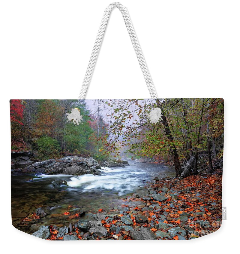 Rain Weekender Tote Bag featuring the photograph River and Rain by Rick Lipscomb
