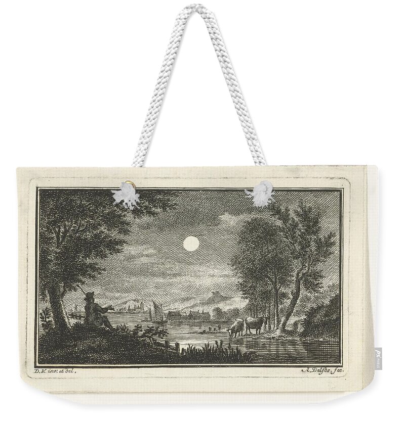 Vintage Weekender Tote Bag featuring the painting River view with herder in moonlight, Abraham Delfos, after Dirk Kuipers, by MotionAge Designs