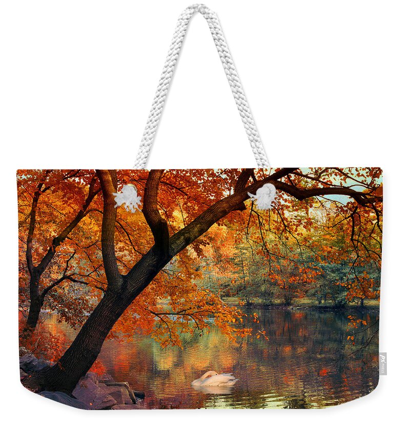 Autumn Weekender Tote Bag featuring the photograph Riverbank Foliage Reflections by Jessica Jenney