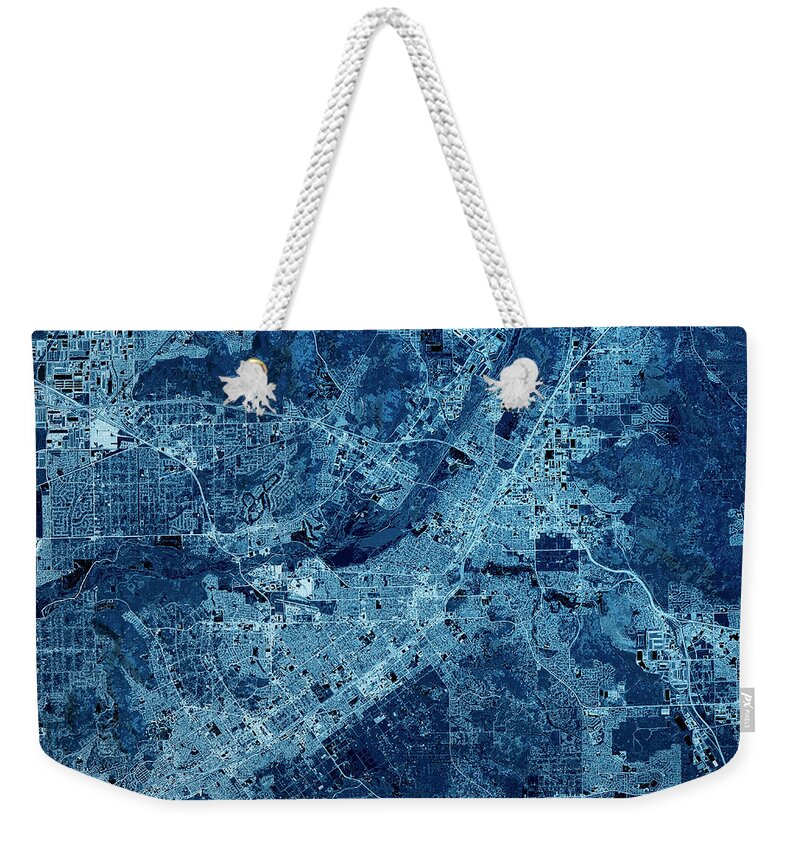 Riverside Weekender Tote Bag featuring the digital art Riverside California 3D Render Map Blue Top View Sept 2019 by Frank Ramspott
