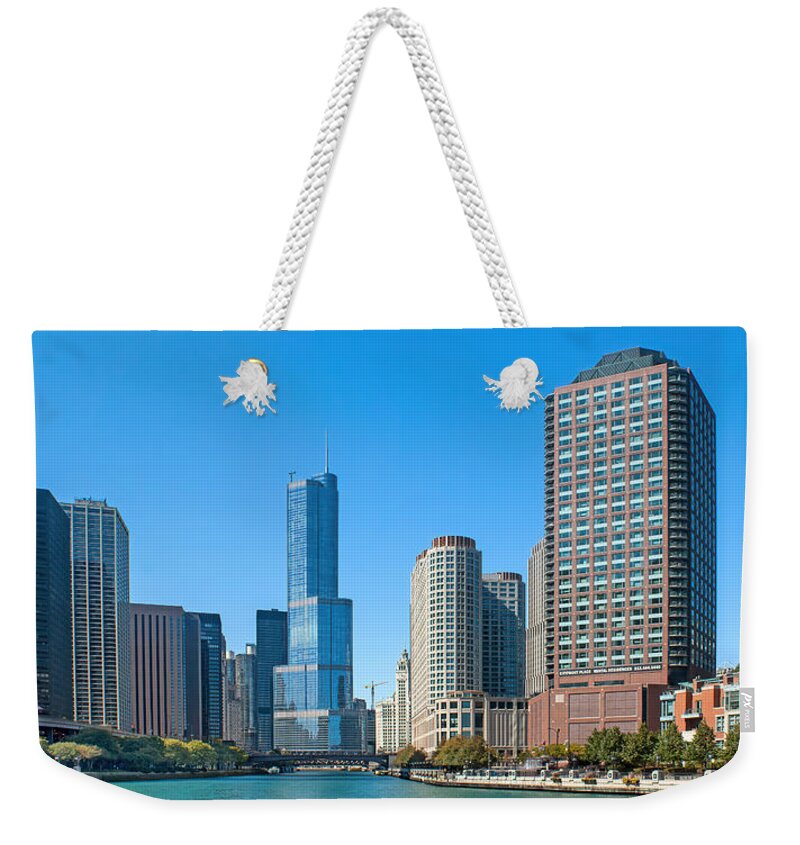 Chicago Weekender Tote Bag featuring the photograph Riverview Skyline Panorama No 2 - Chicago by Nikolyn McDonald