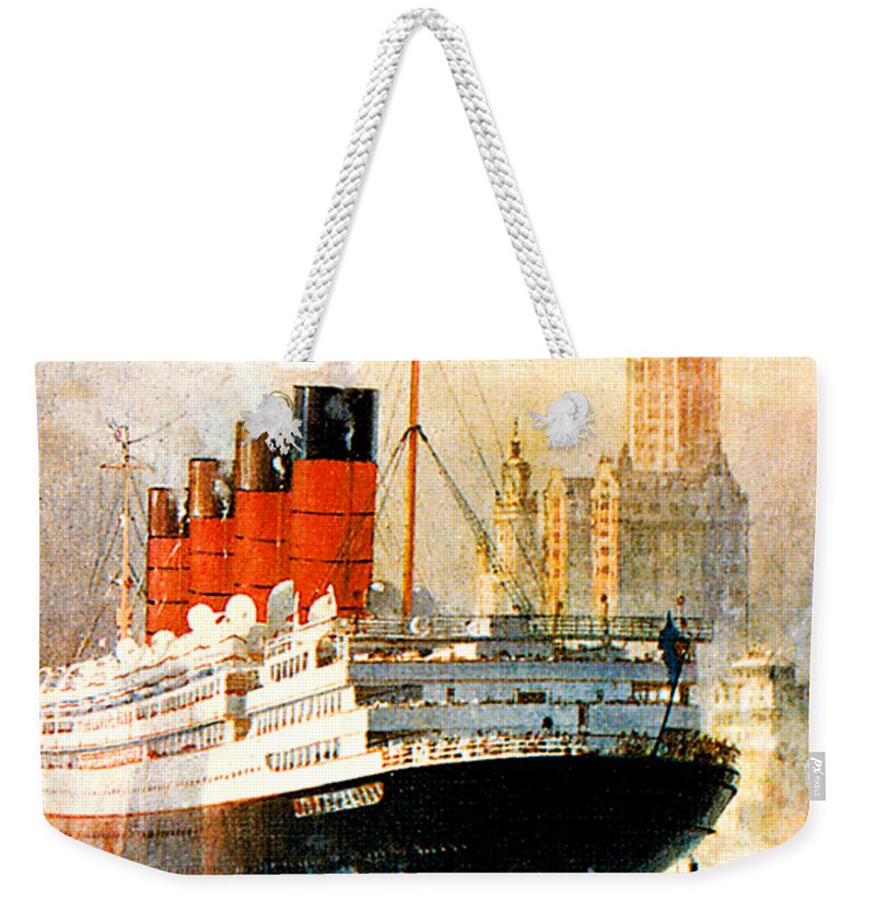 Aquitania Weekender Tote Bag featuring the painting RMS Aquitania Cruise Ship Poster 1914 by Unknown