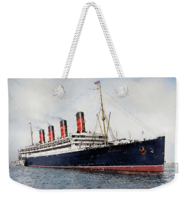 Steamer Weekender Tote Bag featuring the digital art R.M.S. Aquitania - The Ship Beautiful by Geir Rosset