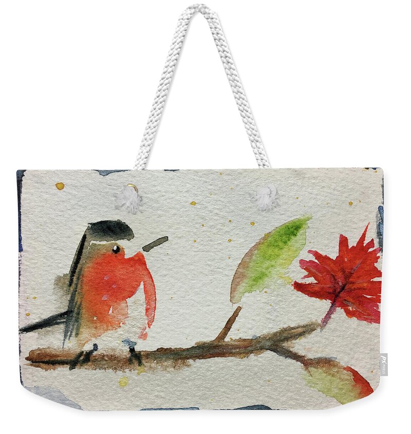 Grand Tit Weekender Tote Bag featuring the painting Robin on a Maple Branch by Roxy Rich