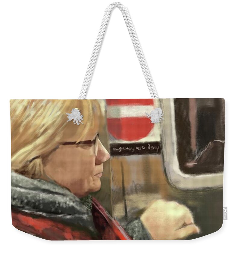 Robin Weekender Tote Bag featuring the digital art Robin On A Subway by Larry Whitler