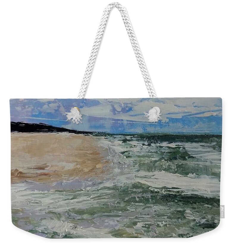 Grand Haven Beach Weekender Tote Bag featuring the painting Rock and Waves, Grand Haven Beach by Lisa Dionne