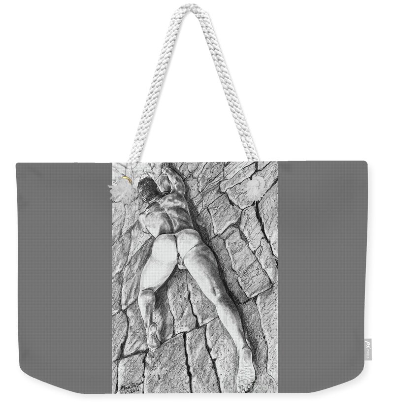 Male Nude Weekender Tote Bag featuring the drawing Rock Climbing Randy by Marc DeBauch