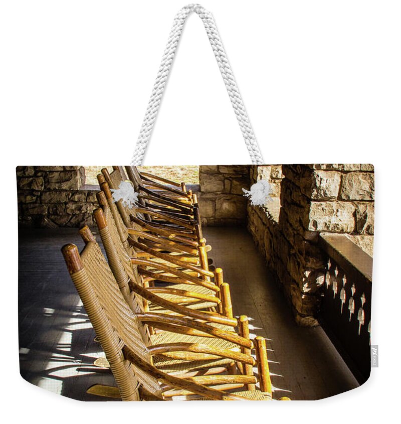 Canyon Weekender Tote Bag featuring the photograph Rocking chairs on the El Tovar porch by Craig A Walker