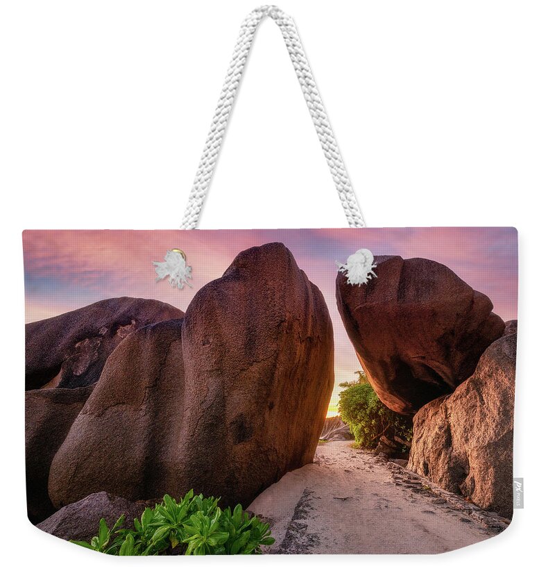 Tropical Weekender Tote Bag featuring the photograph Rocks at sunset by Erika Valkovicova