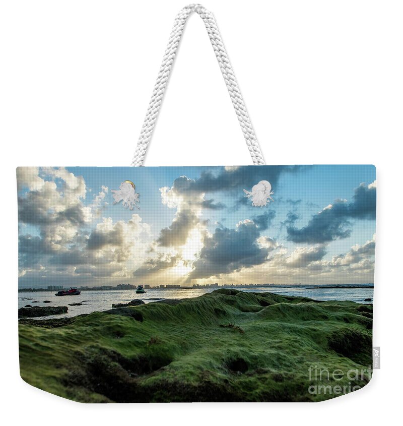 Piñones Weekender Tote Bag featuring the photograph Rocks Covered in Moss at Sunset, Pinones, Puerto Rico by Beachtown Views