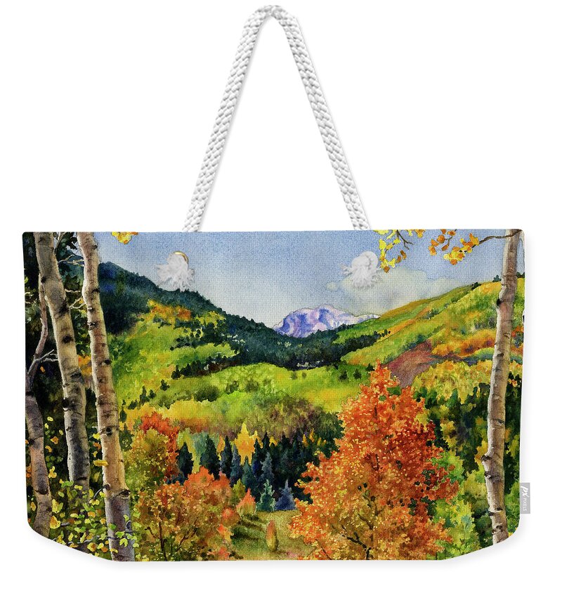 Fall Leaves Painting Weekender Tote Bag featuring the painting Rocky Mountain Paradise by Anne Gifford