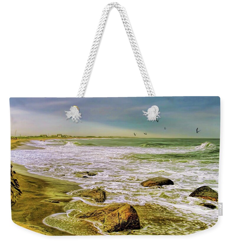 Beach Weekender Tote Bag featuring the photograph Seagulls at Rhode Island Beach by Cordia Murphy