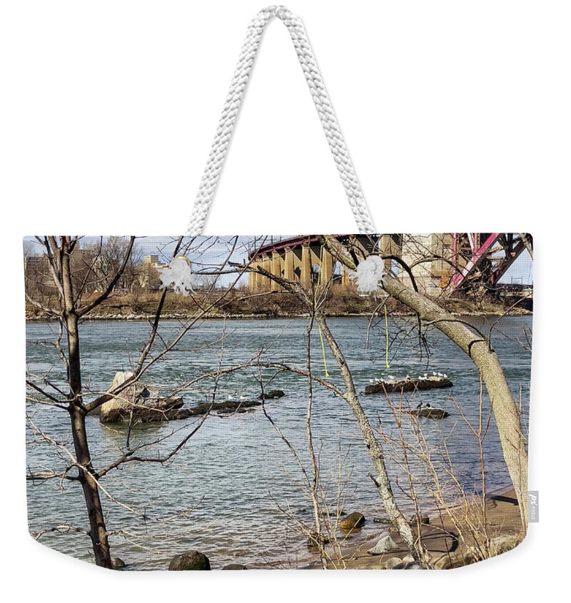 Astoria Park Weekender Tote Bag featuring the photograph Rocky Winter Shore Line by Cate Franklyn