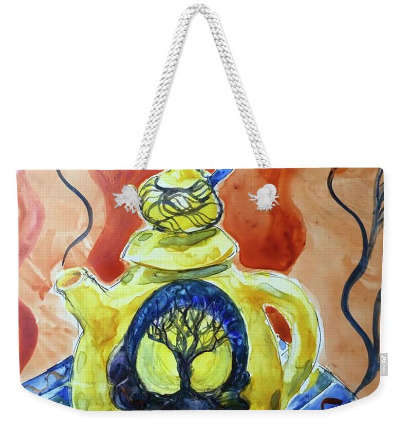 Watercolor Teapot Colorful Yellow Blue Orange Weekender Tote Bag featuring the painting Roger s Pot by Annika Farmer