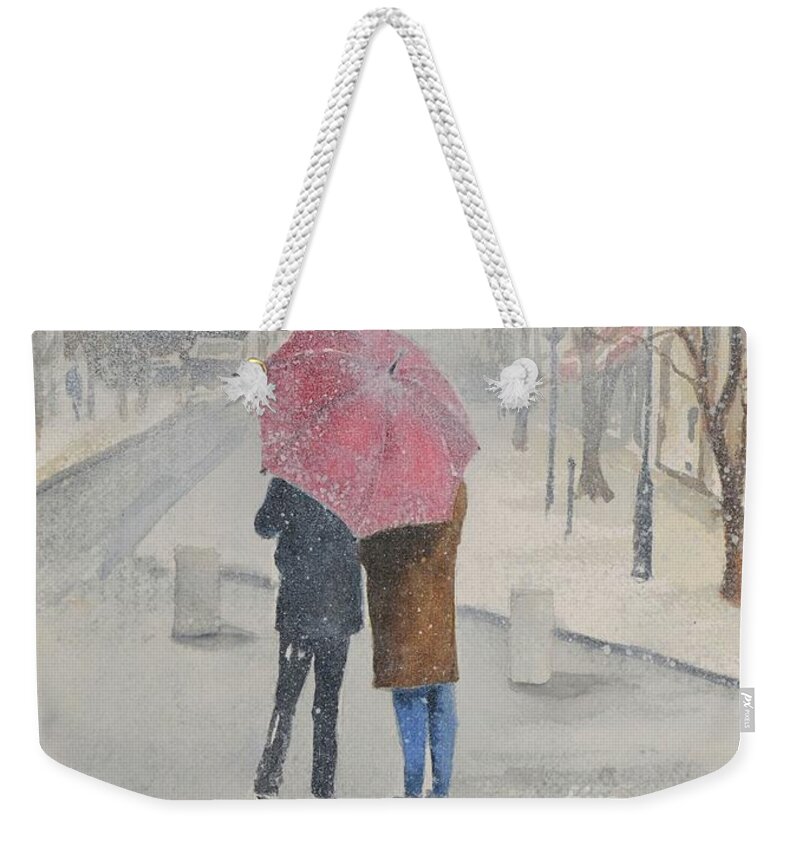 Lovers Weekender Tote Bag featuring the painting Romance in the snow by Betty M M Wong