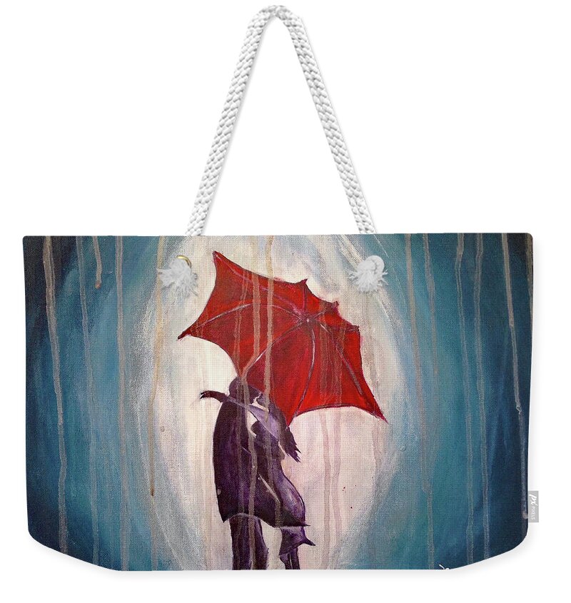 Romantic Couple Weekender Tote Bag featuring the painting Romantic Couple under Umbrella by Roxy Rich
