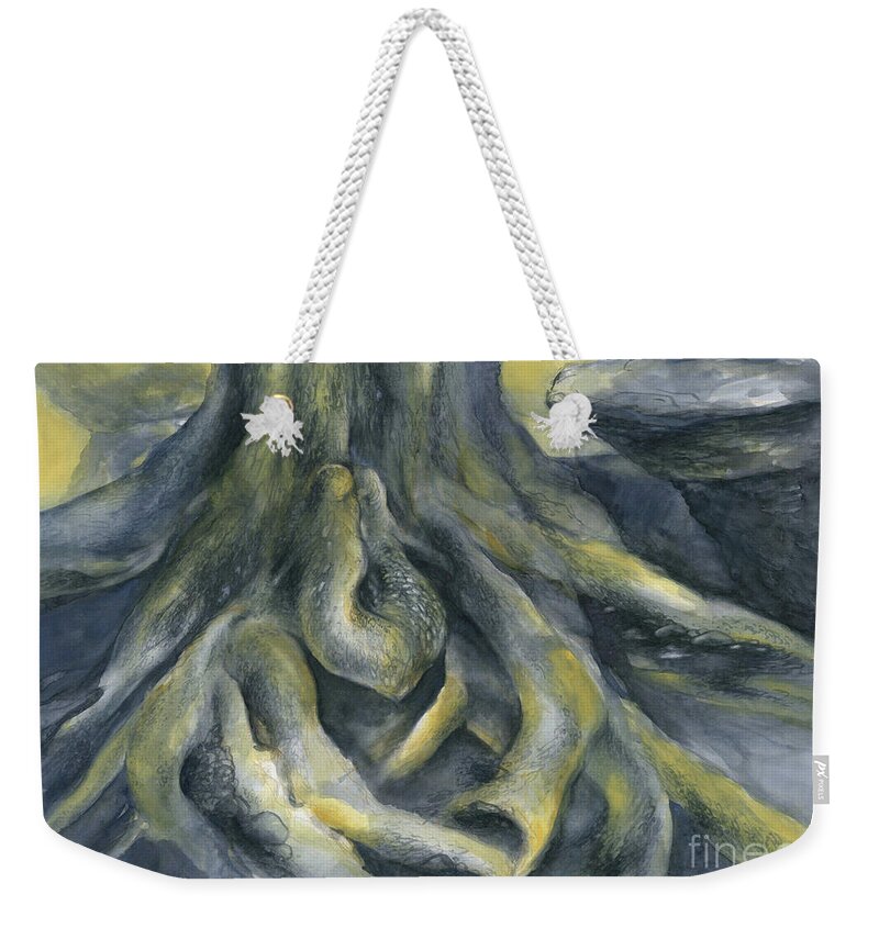 Root Weekender Tote Bag featuring the painting Root on the rock plateau by Adriana Mueller