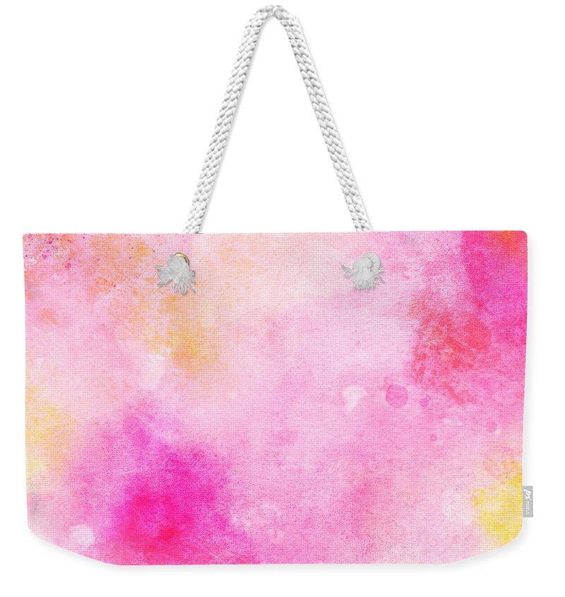 Watercolor Weekender Tote Bag featuring the digital art Rooti - Artistic Colorful Abstract Yellow Pink Watercolor Painting Digital Art by Sambel Pedes