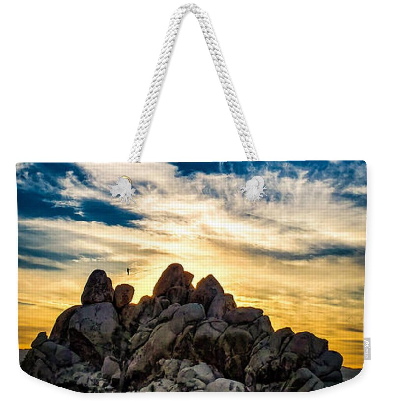 Joshua Tree Weekender Tote Bag featuring the photograph Rope Climber in Joshua Tree at Sunset by Mojave Sunset