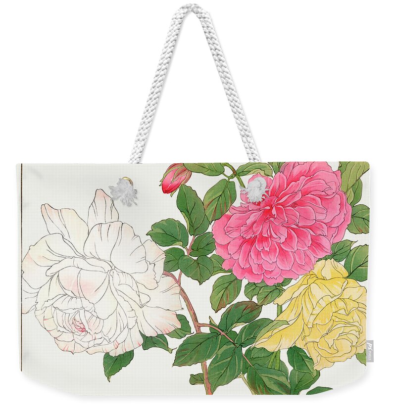 Vintage Flower Illustrations Weekender Tote Bag featuring the digital art Rose Flower 1 - Ukiyo e art - Vintage Japanese woodblock art - Seiyo SOKA ZUFU by Tanigami Konan by Studio Grafiikka